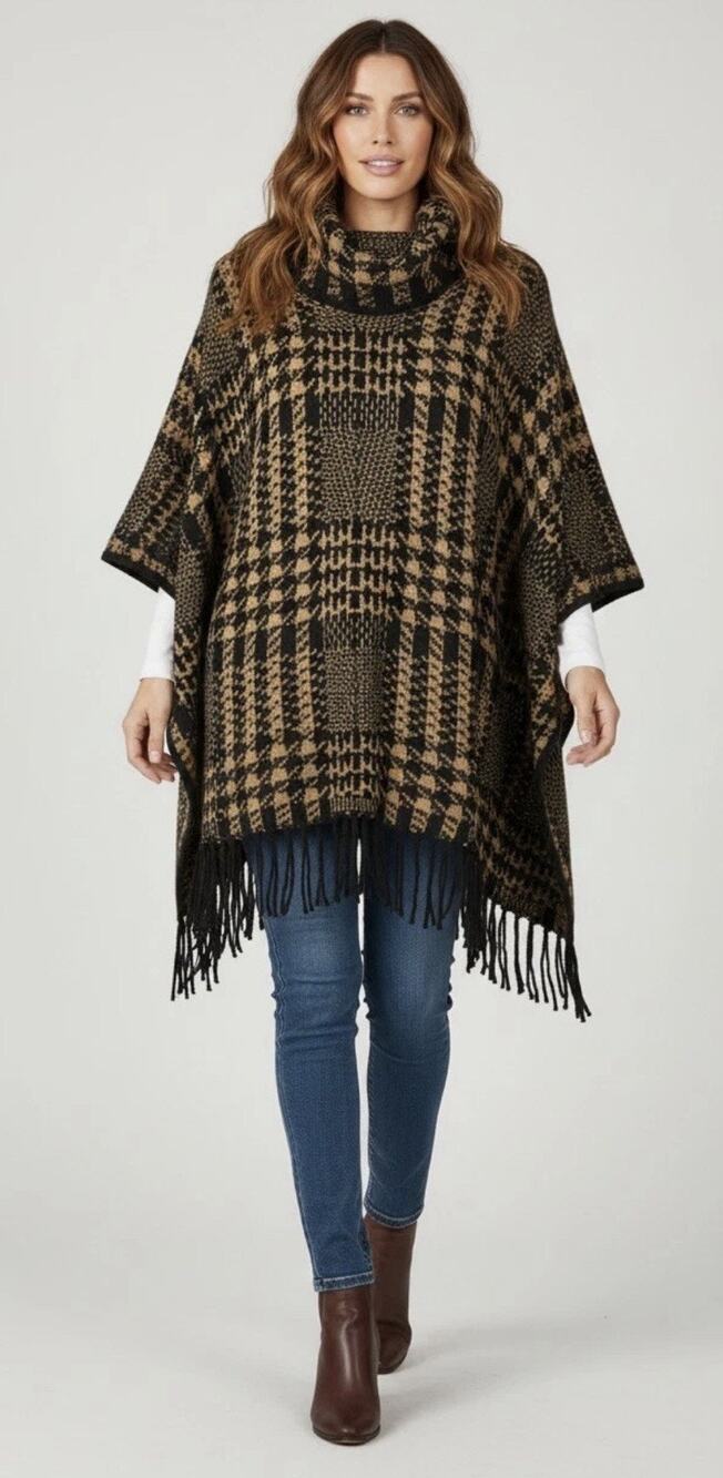 Chico's Sleeved Poncho Plaid Sweater W Fringe Cowl Neck Pullover S/M Brown Black